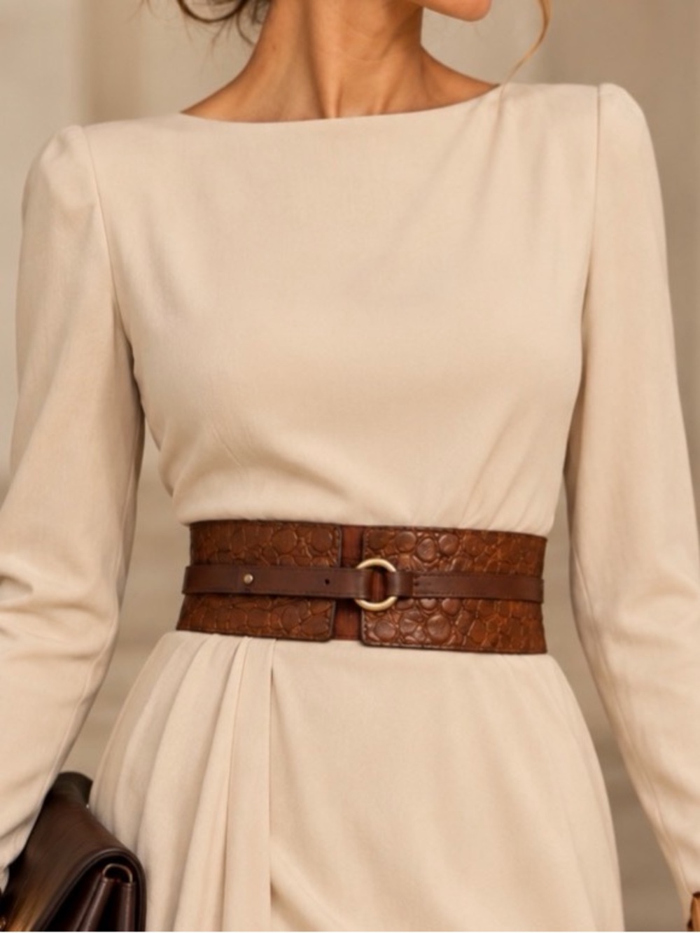 Controluce Italy Brown Embossed Leather Wide Waist Belt
